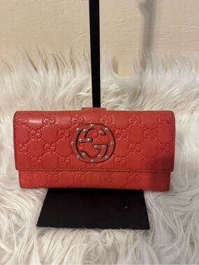 Gucci Coral Red Embossed GG Studded Logo Continental Wallet